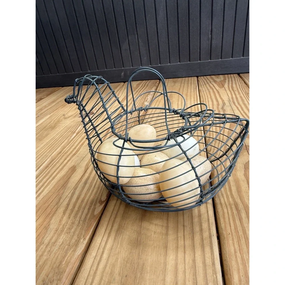 Vintage Wire Chicken Hen Egg Gathering Basket with Folding  Handles 8 Faux Eggs